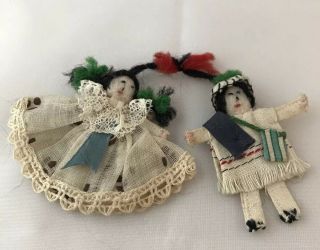 2 Mexican Antique Hand Sewn Small Cloth Dolls Couple Lace 2 3/4”