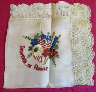 Antique Ww I White Silk Hand Embroider Net Lace Handkerchief Souvenir Of France