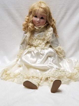 Vintage Porcelain Ceramic Collectible Victorian Doll 23 " Blonde Ivory Dress Lace