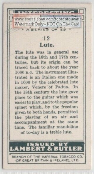 1600 Lute By Venere of Padua Music Stringed Instrument 1920s Ad Trade Card 2