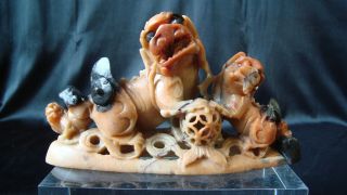 Antique Chinese Carved Hardstone Scholar Brush Rest Foo Dog Lions
