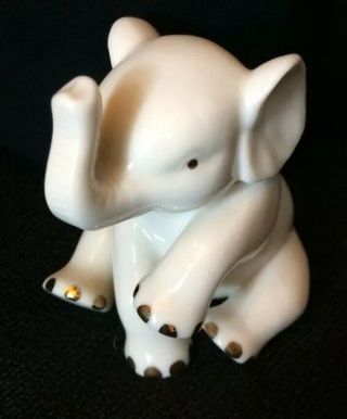 Lenox Porcelain Elephant,  Sitting With Trunk Up,  Ivory With Gold Accents,  3”