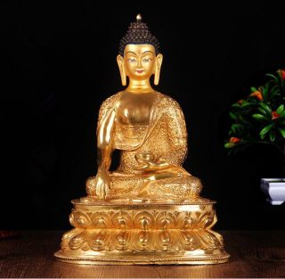 13 " Tibet Tibetan Buddhism Copper Gilt Hand Painting Shakya Muni Buddha Statue