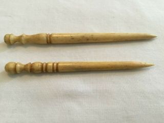 2 Antique Victorian Finely Hand Turned Bone Sewing Bodkin Stiletto Awl Vintage