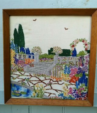 Vintage Small Embroidered English Country Garden Pond Floral Arbour Framed