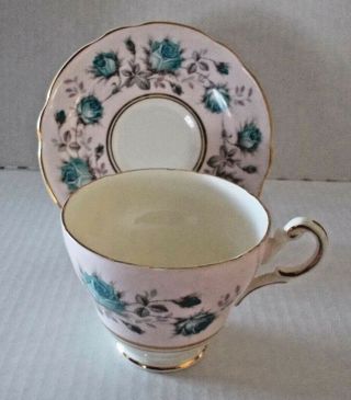 Vintage Regency English Bone China Tea Cup And Saucer - Pink With Blue Roses