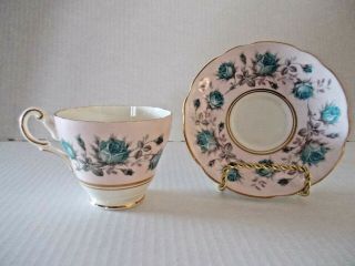 Vintage Regency English Bone China Tea Cup and Saucer - Pink with Blue Roses 2