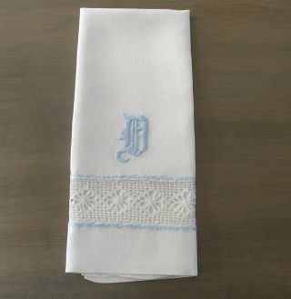 25 X 15 Antique White Linen Crochet Lace,  Blue Embroidered Monogram “d” Towel