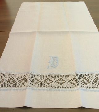 25 x 15 Antique WHITE Linen Crochet Lace,  Blue Embroidered Monogram “D” Towel 2