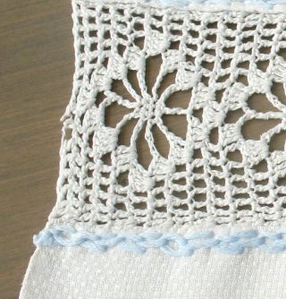 25 x 15 Antique WHITE Linen Crochet Lace,  Blue Embroidered Monogram “D” Towel 3