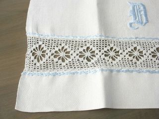 25 x 15 Antique WHITE Linen Crochet Lace,  Blue Embroidered Monogram “D” Towel 4