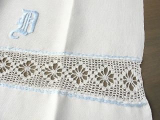 25 x 15 Antique WHITE Linen Crochet Lace,  Blue Embroidered Monogram “D” Towel 5