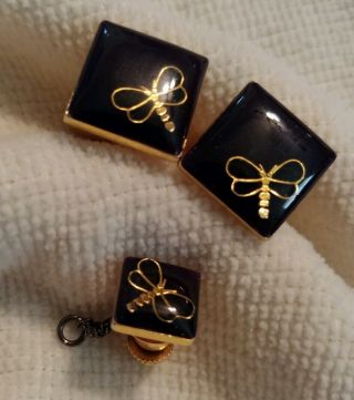 Vintage Dragonfly Cufflinks & Tie Pin Set Gold Tone & Black Insects Unbranded