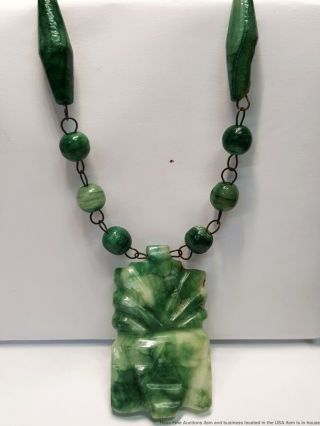 Vintage Antique Moss In Snow Jade Mexican Carved Pendant W Quartz Bead Necklace