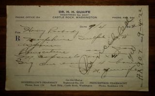 Vintage 1920’s Medical Doctors Prescription Morphine Hand Written Pnw 1922