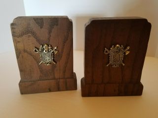 Wooden Bookends Armored Suit Lion Crest Shield Sword Ax