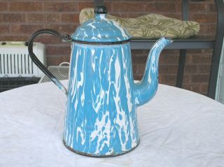 Blue & White Swirl Graniteware Enamel Coffee/tea Pot Antique