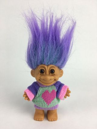 Vintage Good Luck Trolls By Russ Knitted Sweater With Heart Purple Blue Hair
