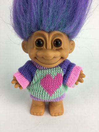 VINTAGE GOOD LUCK TROLLS BY RUSS Knitted Sweater With Heart Purple Blue Hair 3