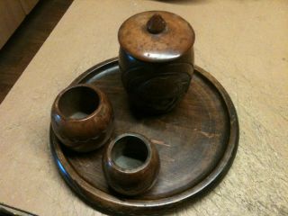 Vintage Treen 1941,  Platter,  2 Bowls,  Lidded Caddy Turned Carved Wood L Gran