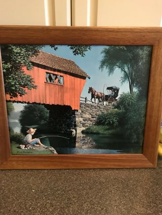 Vintage Paul Detlefsen Boy Fishing Horse Carraige River Print With Frame