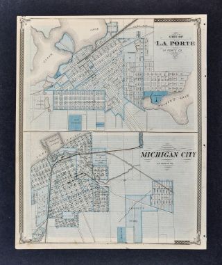 1876 Indiana Atlas Map Plans La Porte Michigan City & Valparaiso Monticello In