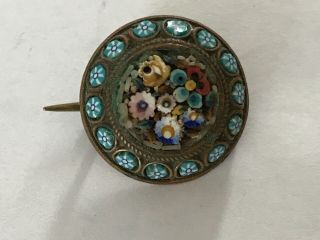 Antique Vintage Edwardian 1900’s Gilt Metal Micro Mosaic Flower Brooch Pin