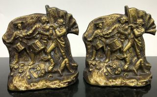 Vtg 2pc United State Drummer Boy Bicentennial Flag Brass Collectible Bookends