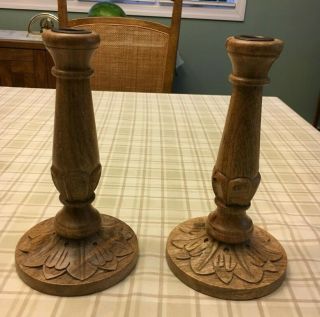 Set Of 2 Candle Stick Holders / Solid Wood / Carved / 10 - 1/4 " Tall