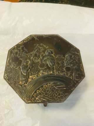 Antique Oriental Lidded Box Bronze I Believe With Silver Plate Heavily Worn