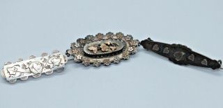 Three Antique Victorian Silver Flower Love Token Sweetheart Brooches.