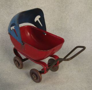 Antique 4.  25 " Miniature Doll Baby Stroller Carriage Metal Rubber Wheels Exc,