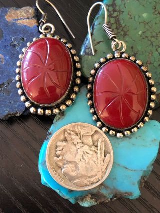 Vintage Native American Carved Carnelian Red Stone Sterling Silver Earrings