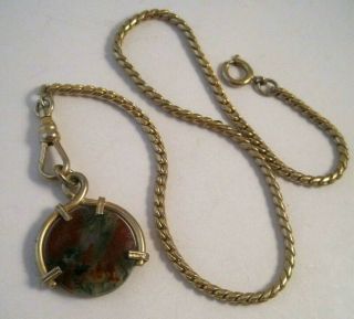 Antique Vintage Gold Filled Watch Chain With Moss Agate Stone Fob