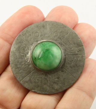 Antique Arts & Crafts C1910 Pewter & Green Glazed Cabochon Brooch Pin