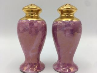 Salt And Pepper Shaker Set Luster Pearl Ware Hand Painted Pink & Gold Vtg