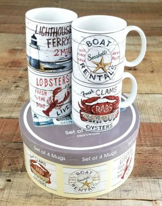 Casa Moda Driftwood Set Of 4 Coffee Mugs Nautical Massachusetts Maine Lobster