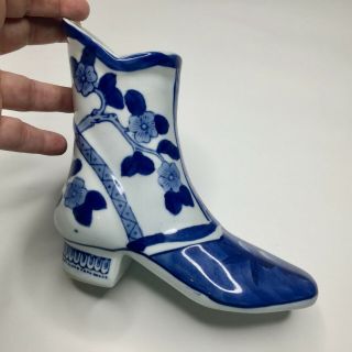 Vintage Porcelain Figurine Shoe Boot Vase Planter Blue White Victorian Style 6 "