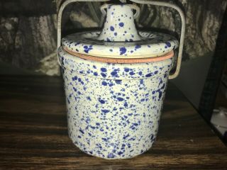 Vintage Blue & Gray Stoneware Cheese Crock With Wire Bale Lid 6 Inc Tall