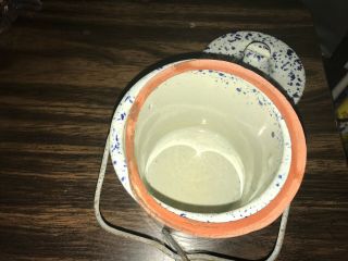 Vintage Blue & Gray Stoneware Cheese Crock with Wire Bale Lid 6 inc Tall 5
