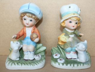 Vintage Homco Pair Bisque Porcelain Boy With Cat Girl With Cat Figurine 1430 V