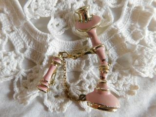 Vintage Antique Telephone Pink Enamel,  Rhinestone Double Pin Brooch 2 1/2 "