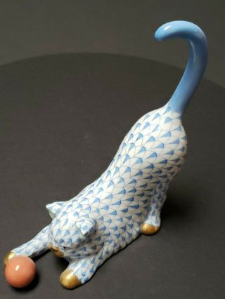 Herend Blue Fishnet Cat Playing With A Ball - Perfect Baby Shower Gift