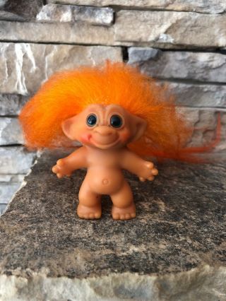 Vintage Wishnik Troll Doll Unmarked 2 3/4” Orange Fur Hair Hazel Eyes Horsesh