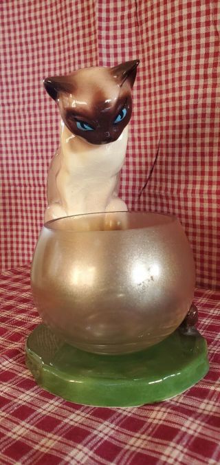 Vintage Marston California Ceramic Siamese Cat With Fish Bowl