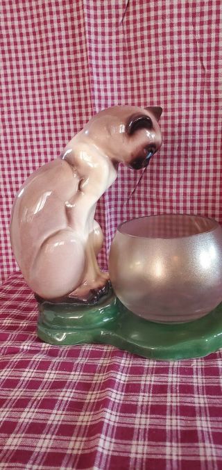 Vintage Marston California Ceramic Siamese Cat with Fish Bowl 2