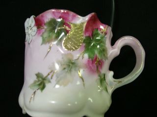 White China Mustache Cup,  Pink & Green Floral Design & Gold Trim