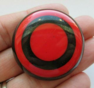 Awesome X Large Antique Vtg Red Glass Button W/ Enamel Rings & Box Shank (k)