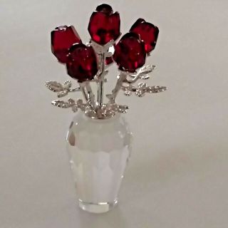 Swarovski Crystal 6 Red Roses In Vase W/ Silver Leaves Figurine