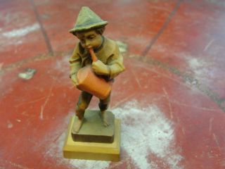Vintage Anri Italy Hand Carved Wooden Figure German Young Man Farmer Drinking